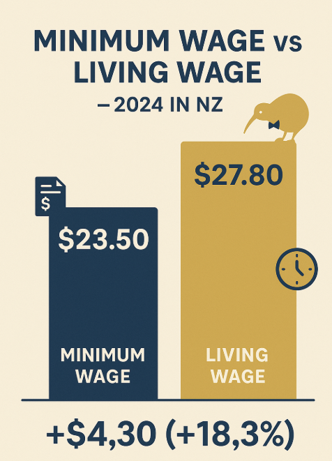 Infographic comparing New Zealand’s 2024 minimum wage ($23.50) and living wage ($27.80) with a $4.30 difference, illustrated by two vertical bars and icons.