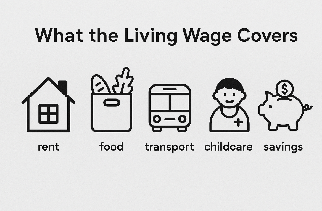 Infographic featuring six icons and labels for essentials the Living Wage in NZ is based on rent, food, transport, childcare, healthcare, and savings.