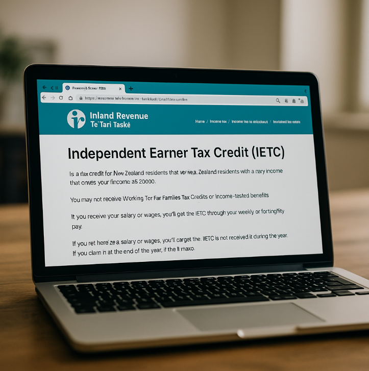 Laptop screen displaying the Inland Revenue New Zealand (IRD) website with the IETC page open, showing the IRD logo
