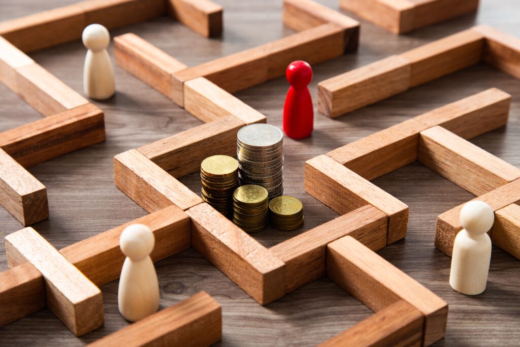 group-of-coins-heaps-in-the-maze-game-built-by-wood